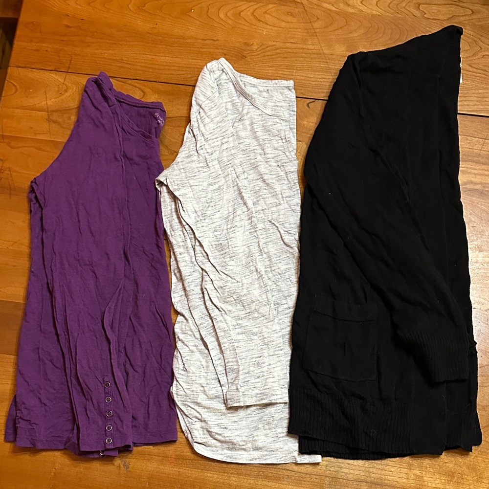 Set of three maternity tops long sleeve. Two tees one cardigan.